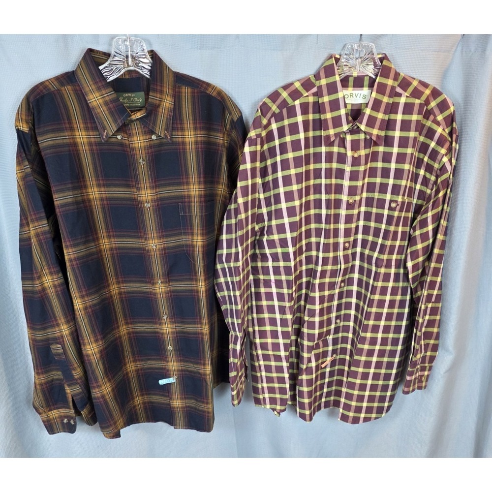 Orvis 100% Cotton &  Wool Blend Long Sleeve Plaid Shirts‎ Size L Lot of  2